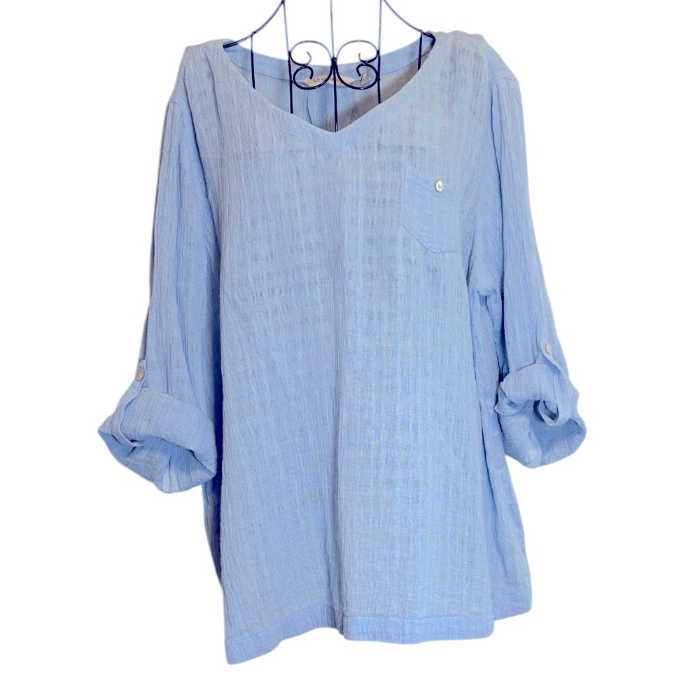 Soft Surroundings Women’s Topanga Lightweight Gauze Blue Linen Blouse, Size XL